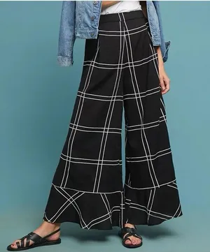 Anthropologie Sancia Black Windowpane Wide Leg Pants Size S Side Slit Cotton Resort thumbnail 1