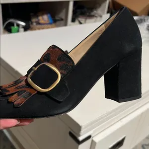M. Gemi Lettura Block Heel buckled Fringe Loafer size 37 made in Italy leopard thumbnail 4