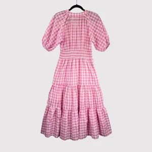 Entro Midi Dress Pink Tiered Gingham V Neck Puff Sleeve Smocked A Line Medium thumbnail 2