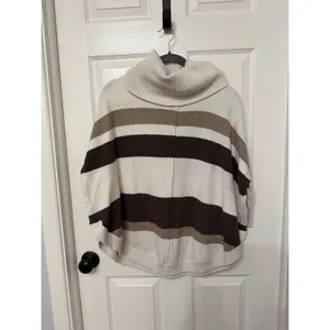 LOFT Womens Striped Cowl Neck Poncho Sweater‎ Cream Brown Tan Small thumbnail 2