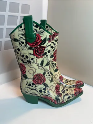 Corkys Edgy Skull Rose Western Cowboy Rain Boots Alternative Grunge Block Heel 8 thumbnail 10