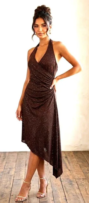 Vintage Lipstick Brown Glitter Asymmetrical Halter Dress Size M USA thumbnail 1
