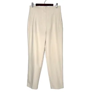 Zara Medium High Waisted Pleated Straight Leg Pants Cream Minimalist Cropped thumbnail 4