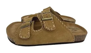 Greystone Ewan Slide Sandals Women 9.5 Brown Suede Whipstitch Buckle Boho Casual thumbnail 1