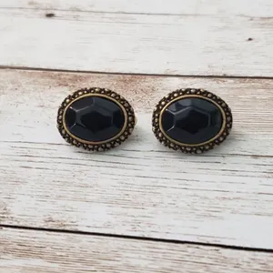Vintage Clip On Earrings Black Faceted Gem with Ornate Halo thumbnail 2
