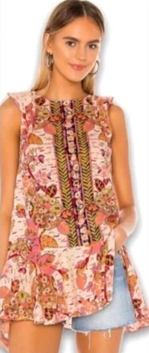 Free People Shirt Women XS Pink Floral Print Linen Blend Summer In‎ Tulum Boho thumbnail 1