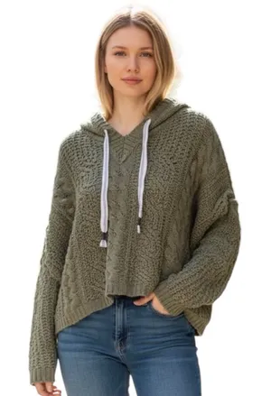 Pol Oversize Olive Green Chunky Knit Olive Sweater with Hoodie and Ties. Nubby thumbnail 1