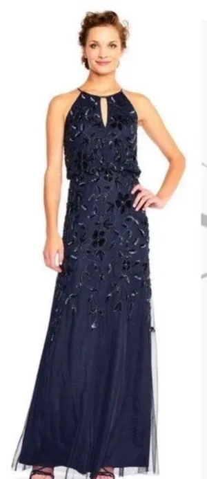 Adrianna Papell Halter Floral Sequin Maxi Prom Gown Blue NEW thumbnail 10