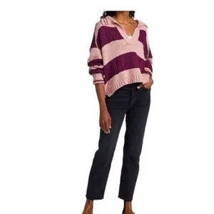 ✨Free People Pembrook Sz Medium Sweater in Moody Pink Combo Striped Cotton✨ thumbnail 2