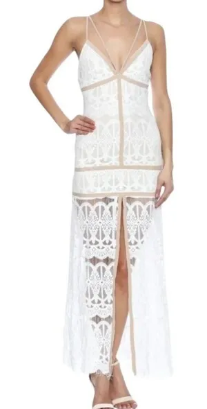 Ecru Split Front Lace Maxi Dress M Cage Spaghetti Straps Prom Beach Wedding thumbnail 1