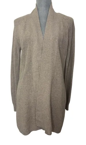 Loft Wool Blend Beige Open Front Knit Cardigan S Minimal Cozy Office Neutral thumbnail 1