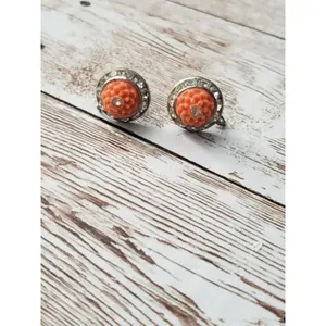 Vintage Screw On Earrings - Orange with Clear Gem 5/8" Retro thumbnail 4