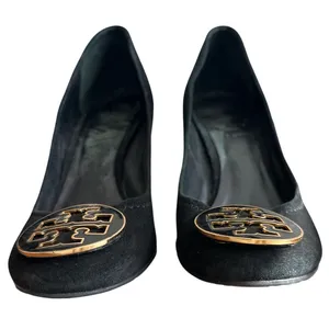 Tory Burch Maddie Suede Pumps Black Gold Logo Block Heel Size 9 thumbnail 3