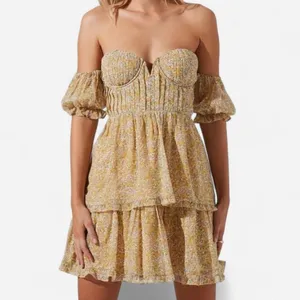 ASTR autumn wedding guest Yellow Floral Mini Dress XS | Coquette Romantic thumbnail 2