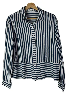 Jane + Delancey Navy Blue & White Mixed Stripe Long Sleeve Button Down L thumbnail 1