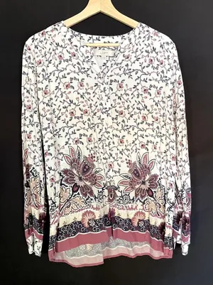 Ann Taylor LOFT floral blouse quarter zip pink‎ white top women's size M light thumbnail 1