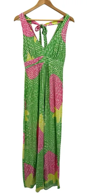 Lilly Pulitzer XS Silk Maxi Dress Green Pink Floral Boho Resort‎ Tie-Back V-Neck thumbnail 1