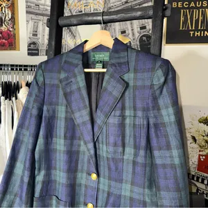 Lauren Ralph Lauren 10 Blue Green Tartan Plaid Linen Blazer Gold Crest Buttons thumbnail 3