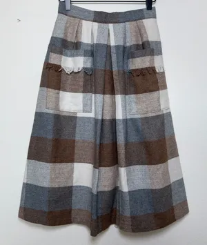 VTG 60s Women Wool Plaid Midi Skirt XS Brown Gray‎ Academia School Preppy thumbnail 1