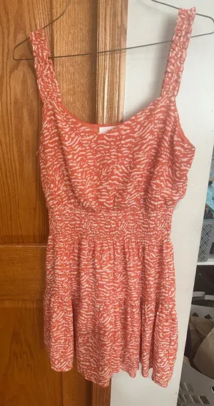 Lush Dark Coral Abstract Smocked Mini Dress Womens Small Beachy Vacation Summer thumbnail 1