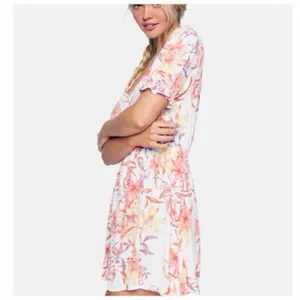 Hurley Floral Button Front Mini Dress Cream Coral Puff Sleeve Size Large thumbnail 3