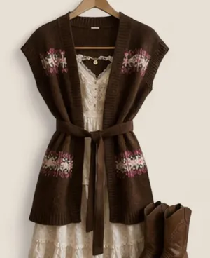 Brown vest | Boho Western Fair Isle Belted Cardigan Cottagecore Layering thumbnail 1
