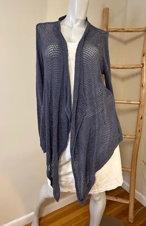 Abercrombie & Fitch Vintage Sweater Dusty Blue Open Knit Waterfall Cardigan M/L thumbnail 1