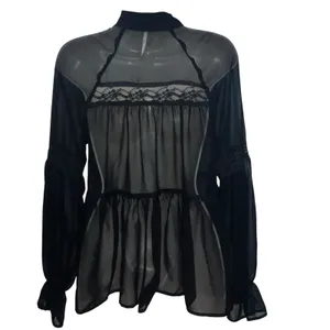 Free People Women Sheer Lace Detail Long Sleeve Tie Neck Blouse Top Black XS thumbnail 4