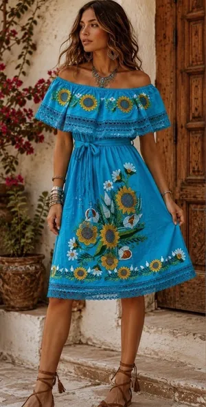 Vintage traditional Mexico embroidered dress thumbnail 1