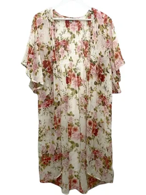 American Eagle Ivory Floral Kimono Duster M Boho Cottagecore Flutter Sleeve thumbnail 3