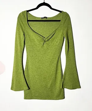 Green Bell Sleeve Mini Dress Small Retro Babydoll 70s Inspired Costume thumbnail 1