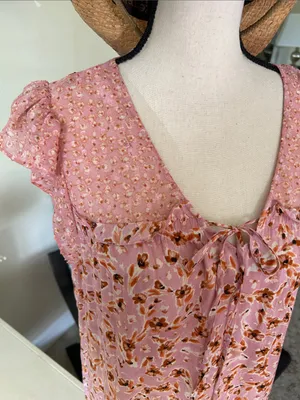 Anthropologie DR pink boho babydoll cottage western floral ruffle tie front top blouse S M thumbnail 2