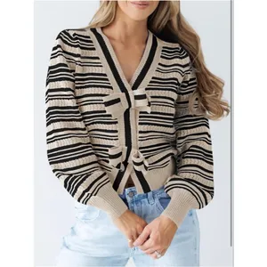 NEW Striped Cropped Sweater V Neck Cute Bow Tie Puff Sleeve S thumbnail 6