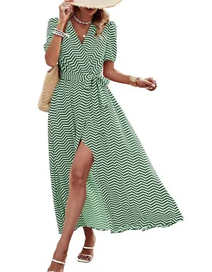 NEW Green Wrap Belted Short Sleeve Ruffle Hem Split Maxi Dress L thumbnail 1