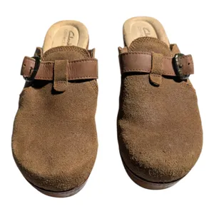 Clarks Paizlee Nora Brown Suede Open Back Wooden Heel Classic Clogs Sz 8.5 thumbnail 2