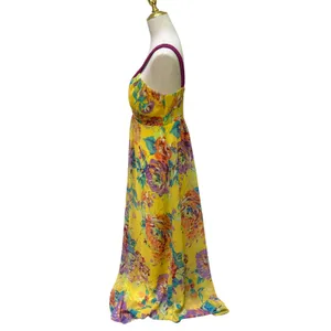 Soft Surroundings Maxi Dress Gown‎ M Yellow Floral Vibrant Empire Waist Garden thumbnail 3