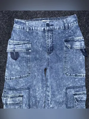Madden Girl Cargo Skater Wide Leg Jeans Acid Wash Blue Denim Utility XS Grunge thumbnail 3