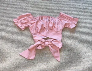 Lyaner Ruffle Short Sleeve Tie Up Back Crop Top Off Shoulder Bardot Blouse thumbnail 7