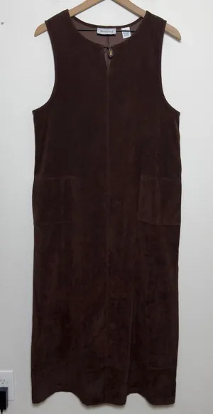 VTG 90s Women Faux Suede Jumper Dress Medium‎ Chocolate Brown Chore Western Boho thumbnail 1