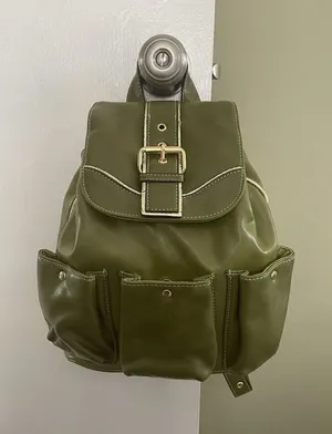 Backpack Mini Women’s Green Simulated Leather Gold Fittings Great Condition thumbnail 1