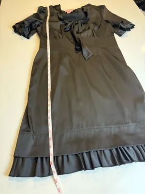 Phoebe Couture Blk Satin Tie Neck Cocktail Dress Flutter Sleeve Ruffle Hem Size8 thumbnail 11