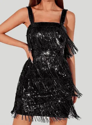 NWT RED DOT BOUTIQUE‎ Black Sequin Fringe Tassel Mini Dress - XL thumbnail 1
