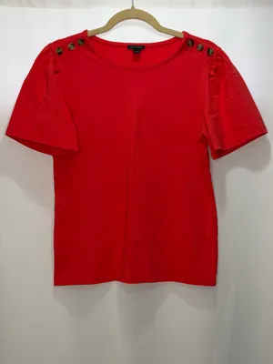 Ann Taylor Ponte Shoulder Button Top Short Sleeve Shirt in Hibiscus Size Medium thumbnail 2