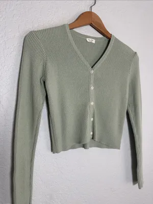 NEW John Galt Crop Sweater Brandy Melville Sage Green Ribbed V-Neck Button thumbnail 2