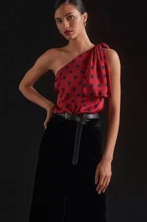 Sachin & Babi | Anthropologie Polka Dot One Shoulder Blouse in Red thumbnail 1
