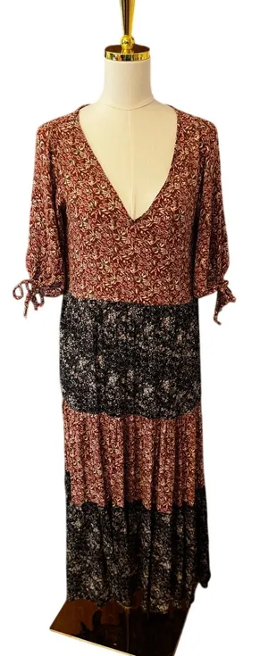 Natural Life Boho Patchwork Floral Tiered Maxi Dress Small Rayon Cottagecore thumbnail 1