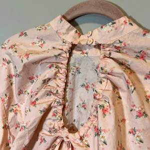 Anthropologie Pink Floral Puff Sleeve Open Back Ruffle Crop Top Mock Neck thumbnail 8