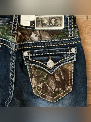 Grace in LA Camo Yoke Embellished Distressed Bootcut Jeans 2/26 NWT thumbnail 7