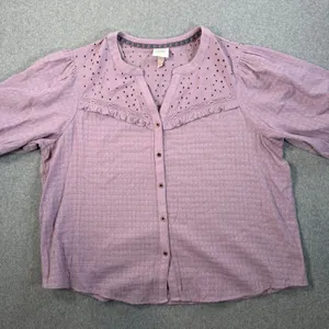 Knox Rose Women's XXL Lavender Eyelet Ruffle Button Front Blouse Top Puff Sleeve thumbnail 1