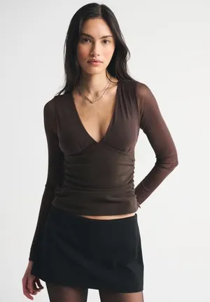 Abercrombie & Fitch Women's Bra Free Long Sleeve Mesh Plunge Top Brown Size XXS thumbnail 1